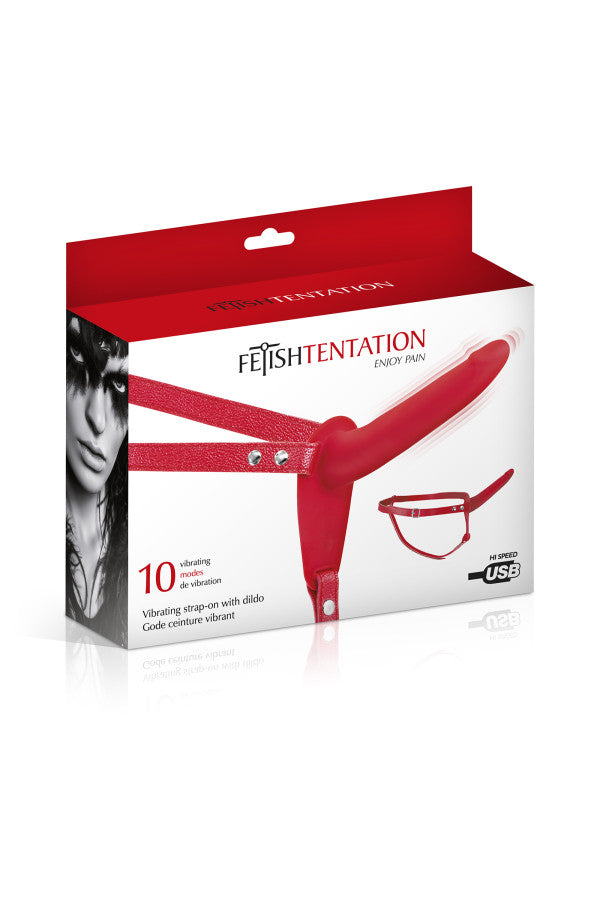 Fetish Tentation - Arnés vibrador con dildo 15'5 cm - Rojo