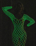 Oh Yeah - Bodystocking Blanco de Rejilla con Entrepierna Abierta - Fluorescente en la Oscuridad
