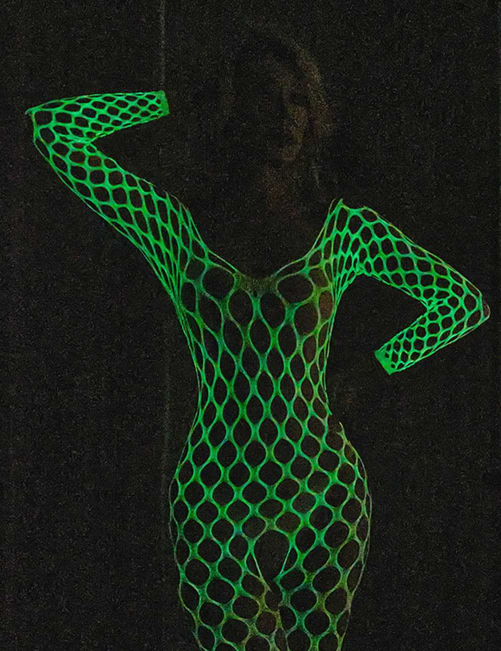 Oh Yeah - Bodystocking Blanco de Rejilla con Entrepierna Abierta - Fluorescente en la Oscuridad
