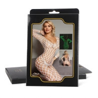 Oh Yeah - Bodystocking Blanco de Rejilla con Entrepierna Abierta - Fluorescente en la Oscuridad