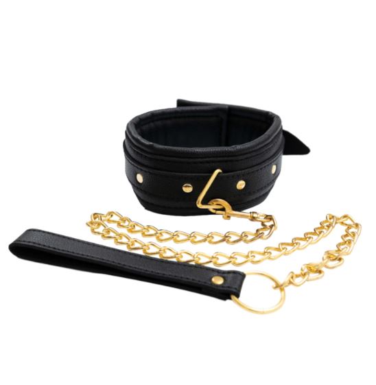 Fantasy Fetish - Collar con Correa de Lujo - Negro con Detalles Dorados