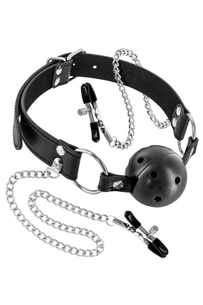 Fetish Tentation - Mordaza Transpirable con Pinzas para Pezones - Negra