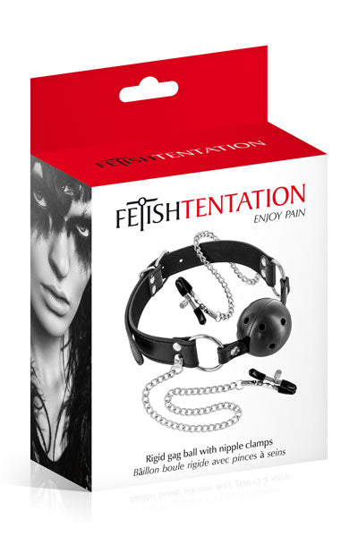 Fetish Tentation - Mordaza Transpirable con Pinzas para Pezones - Negra