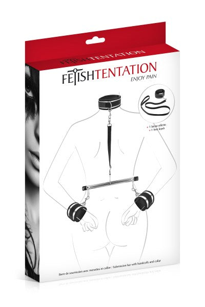 Fetish Tentation - Barra Restrictiva con Esposas y Collar - Negro