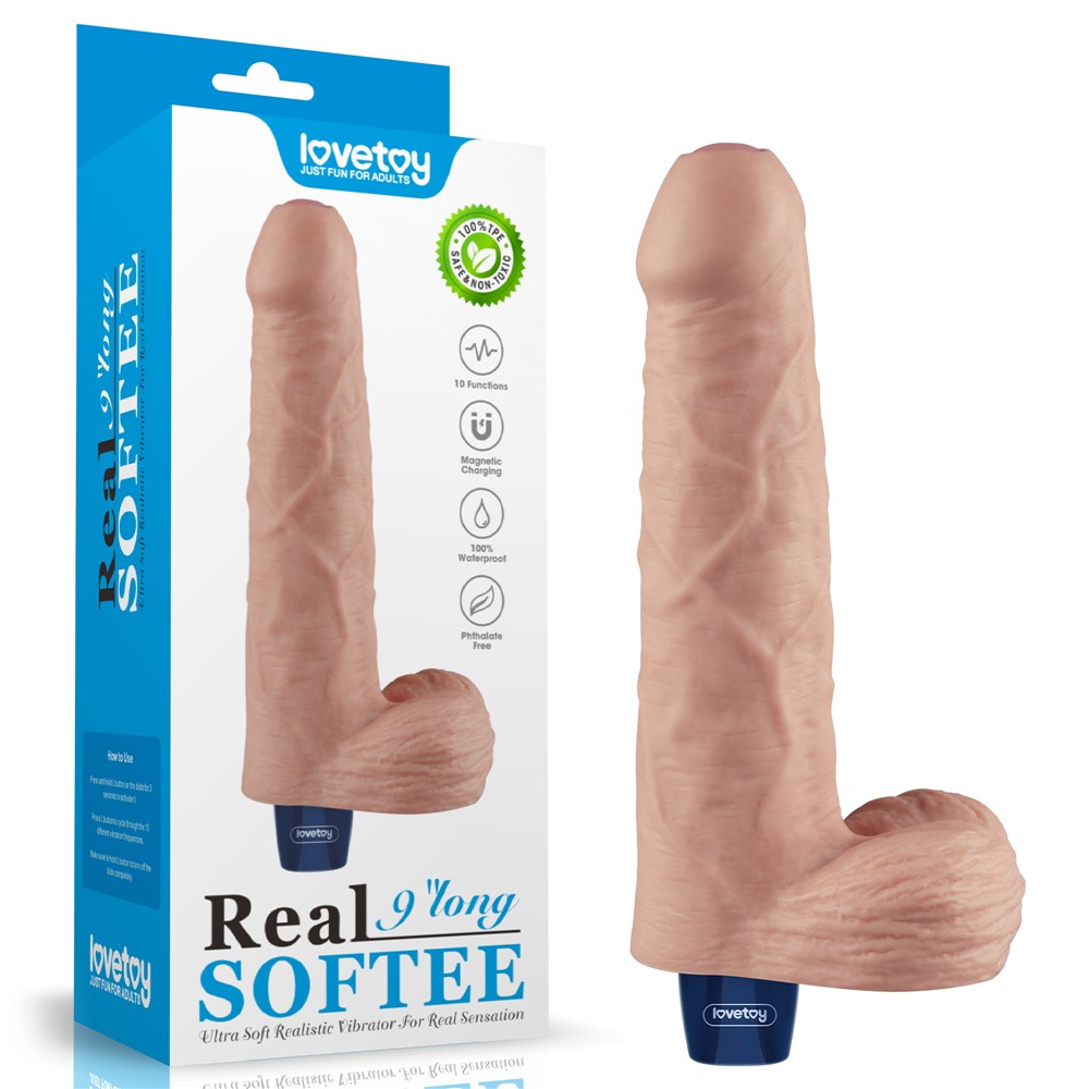 Dildo vibrador recargable REAL SOFTEE de 9" (color carne)